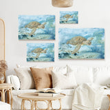 Sea turtle canvas art set, watercolor sea life, home decor. Features a minimalist style and a USA made quality.