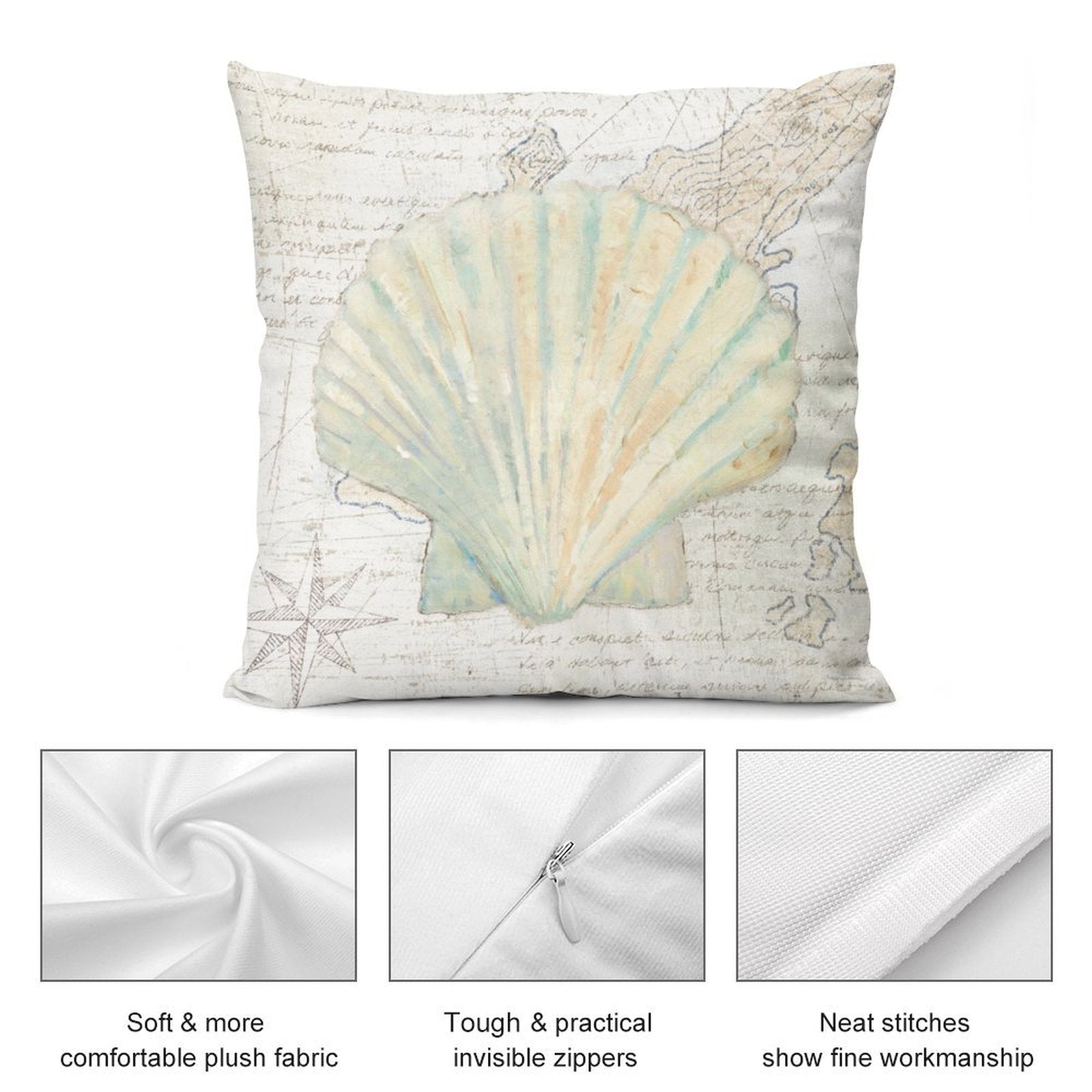 Plush pillow cover with seashell design, soft and comfortable, durable fabric, perfect for sofa or couch decor.
