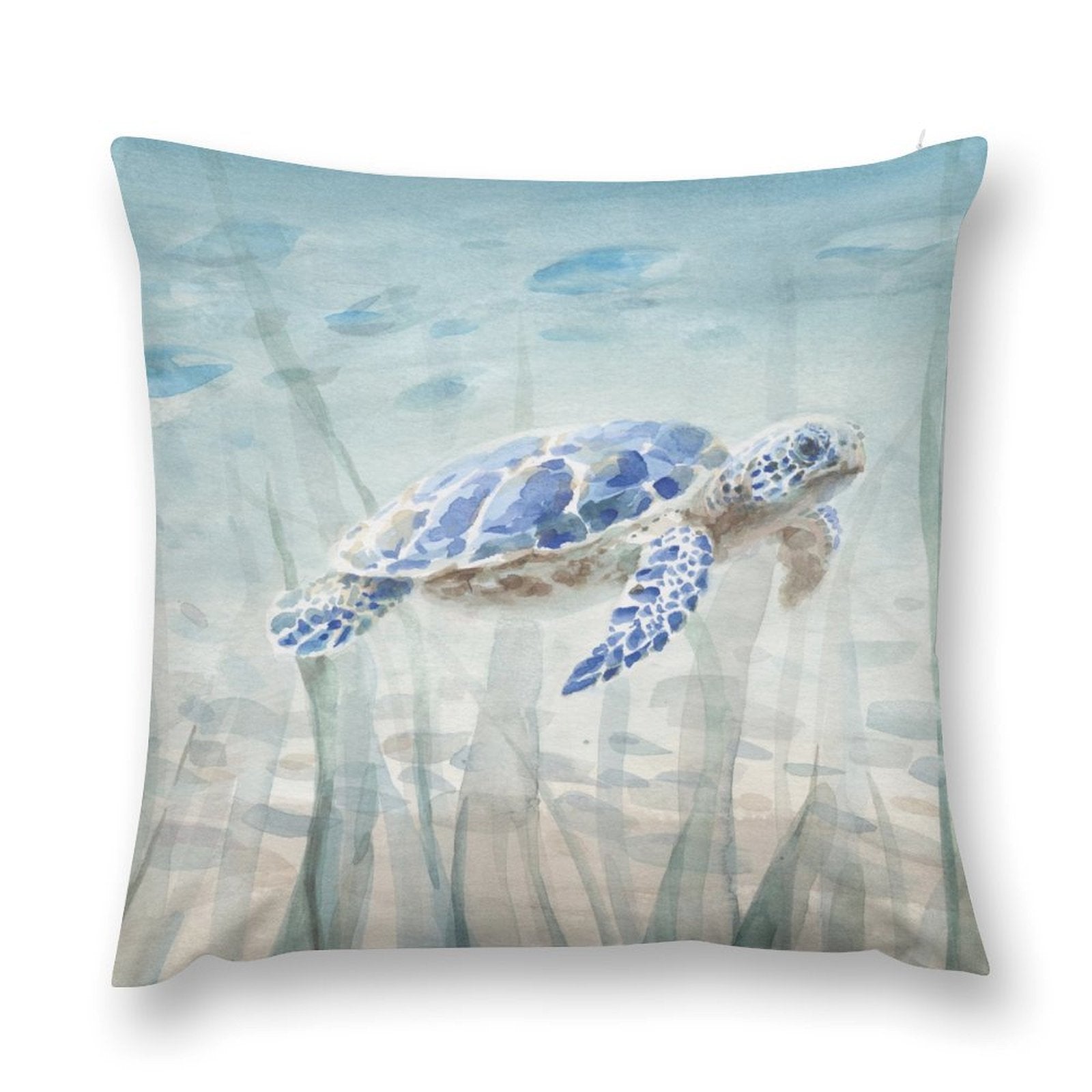 Soft plush pillow cover with watercolor sea turtle design, perfect for sofa and living room decor.