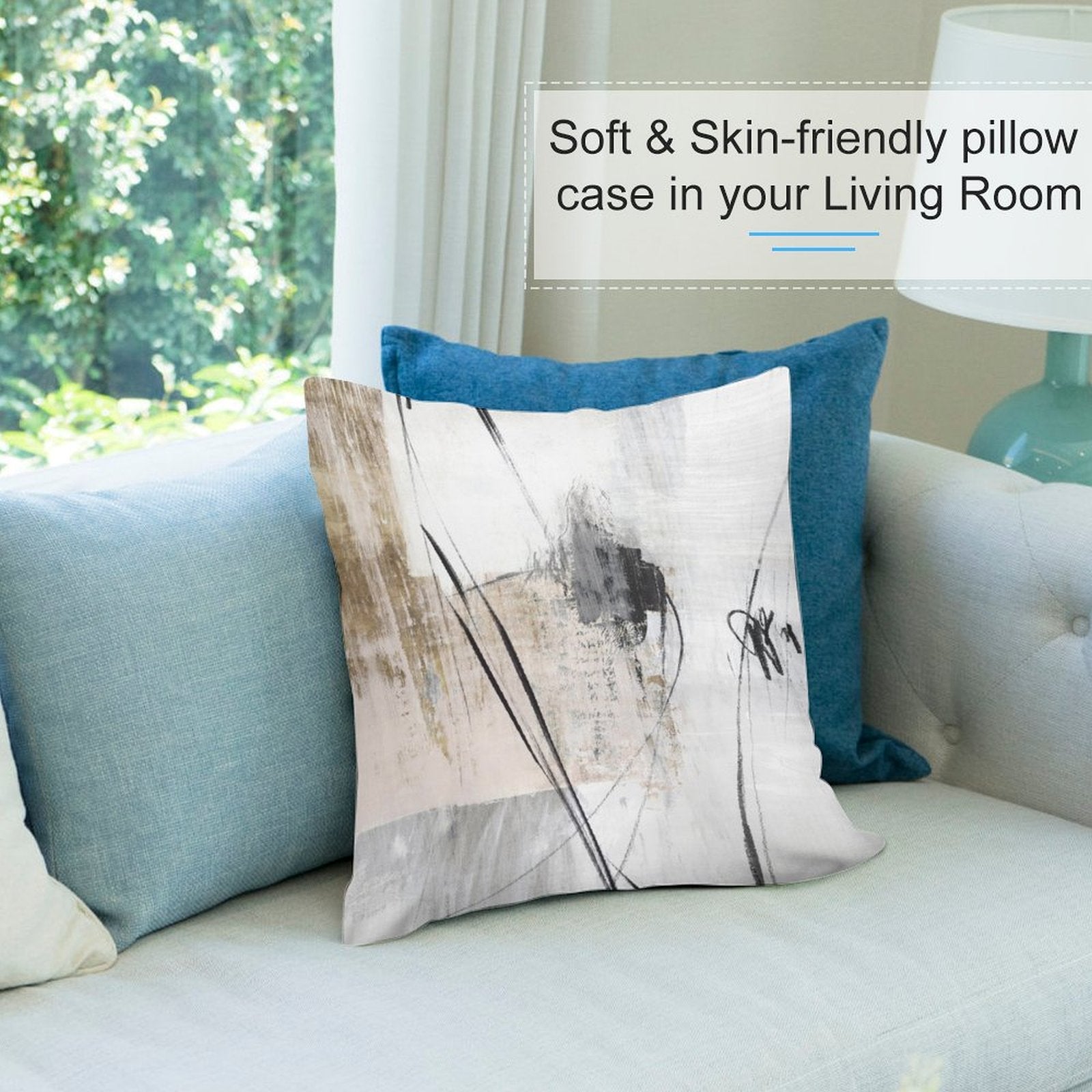 Soft plush throw pillow cover in living room, featuring abstract art design, skin-friendly and decorative for couch.