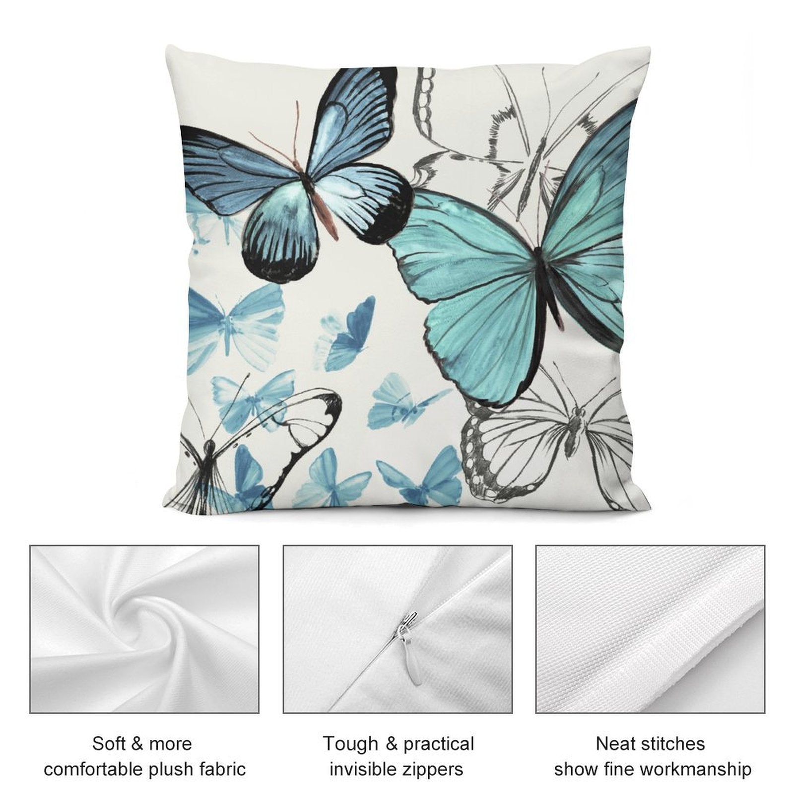 Butterfly pillow cover, plush fabric, blue butterfly pattern, decorative pillow