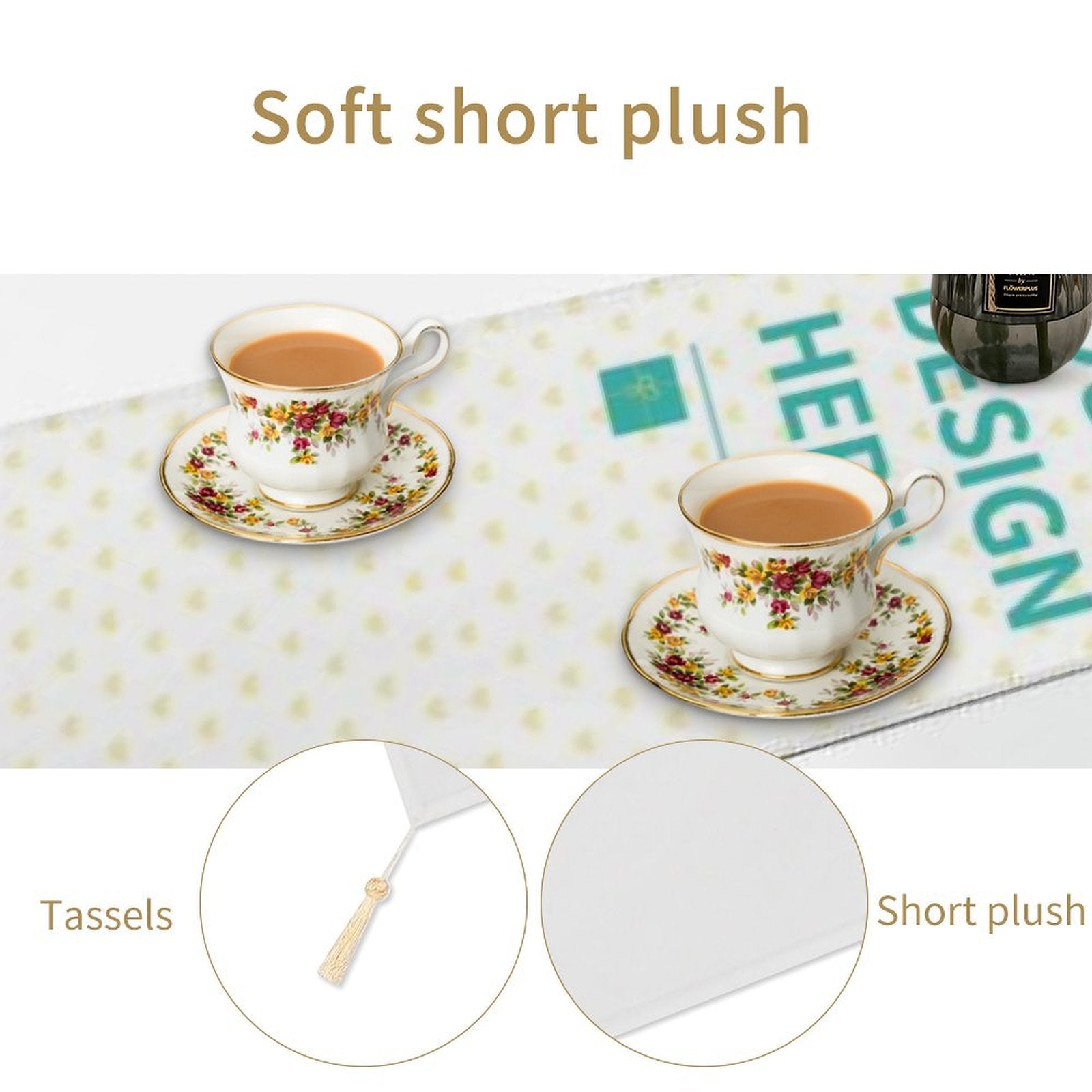 Custom table runner with short plush material, perfect for parties or weddings. Includes design and tassel details.