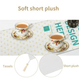 Custom table runner with short plush material, perfect for parties or weddings. Includes design and tassel details.