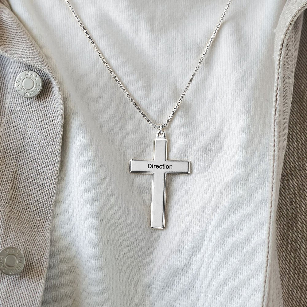 Silver 'Direction' engraved cross pendant necklace, a personalized Christian gift for men and women.