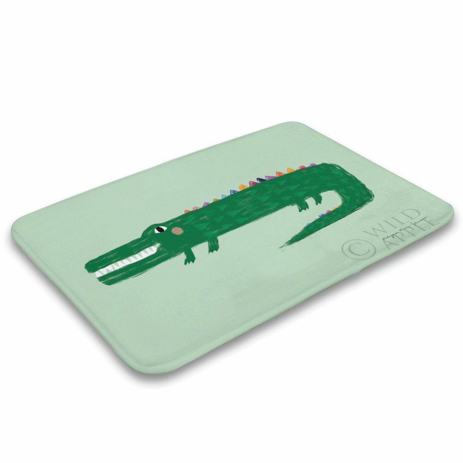 Green alligator bath rug, non-slip bathroom decor by Wild Apple. Coral velvet rug for bathroom.