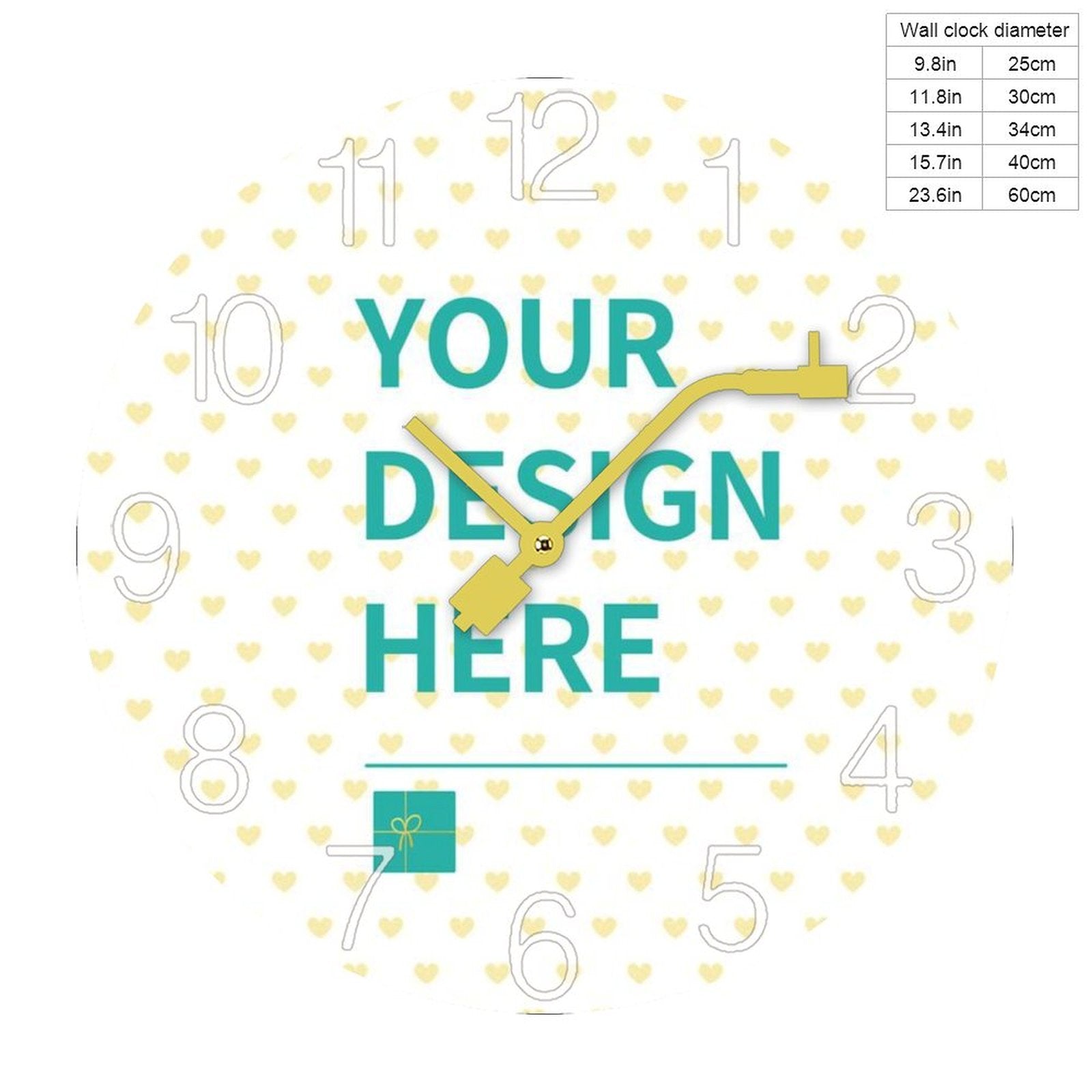 Customizable wooden round wall clock with heart pattern, featuring 'YOUR DESIGN HERE'. Home decor.