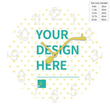 Customizable wooden round wall clock with heart pattern, featuring 'YOUR DESIGN HERE'. Home decor.