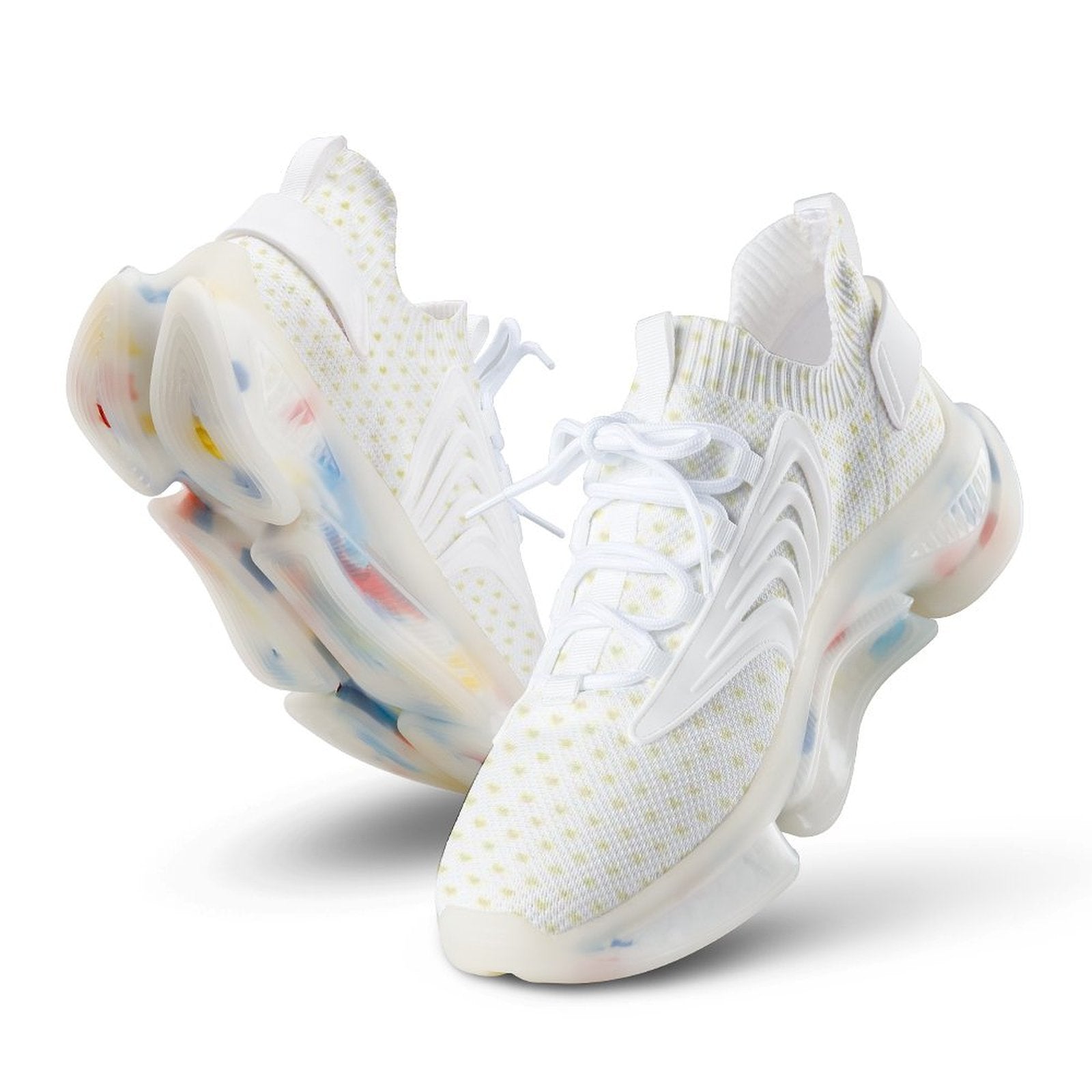 Women's custom running shoes in white Flyknit, TPU sole with color accents, breathable athletic sneakers for sports and gym.
