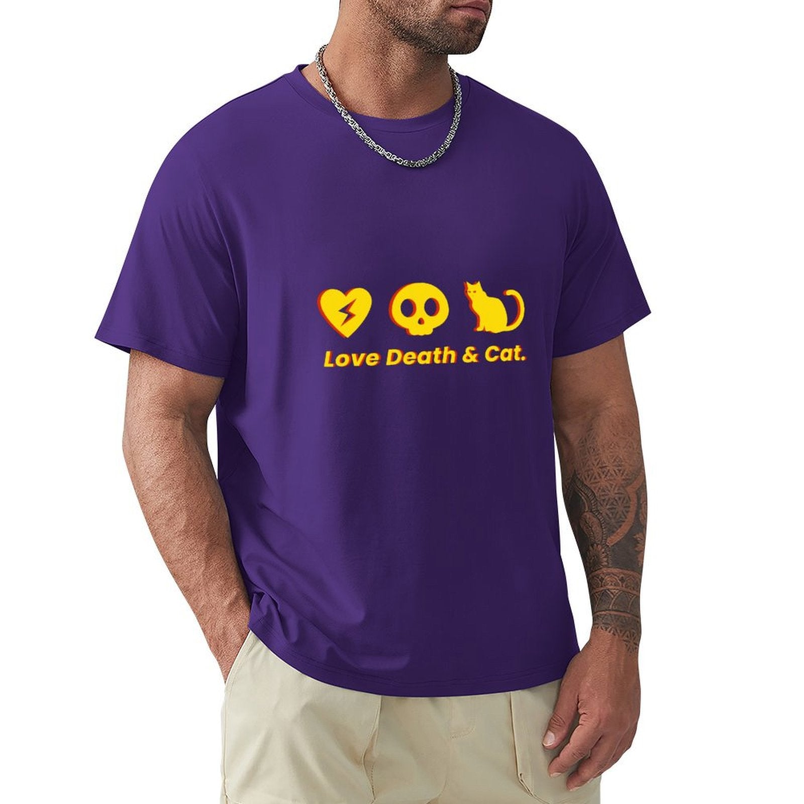 Purple Men's crew neck t-shirt with Love Death & Cat design, breathable cotton fabric, sizes S-6XL