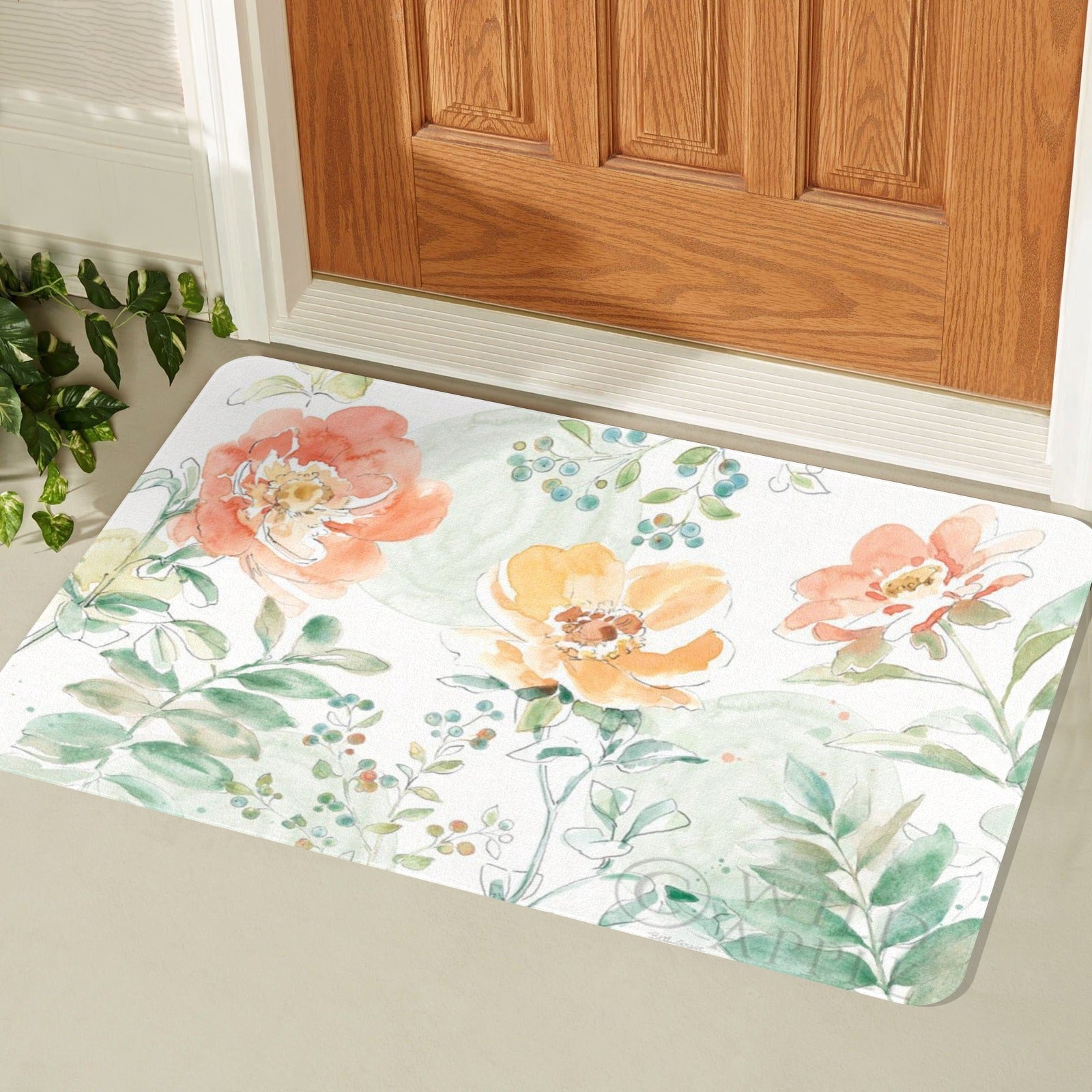 Watercolor floral entrance doormat for indoor/outdoor use. Durable rubber floor mat.
