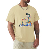 Men's beige crew neck t-shirt with a colorful frog on a scooter design, cotton tee, available in S-6XL