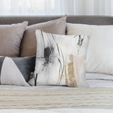 Abstract art pillow for sofa or couch. Short plush with black, white, gold design. Decorative home decor.