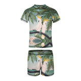 Boys' rash guard set with parrot design, short sleeve swim shirt and trunks. Polyester/spandex fabric for summer swimming.