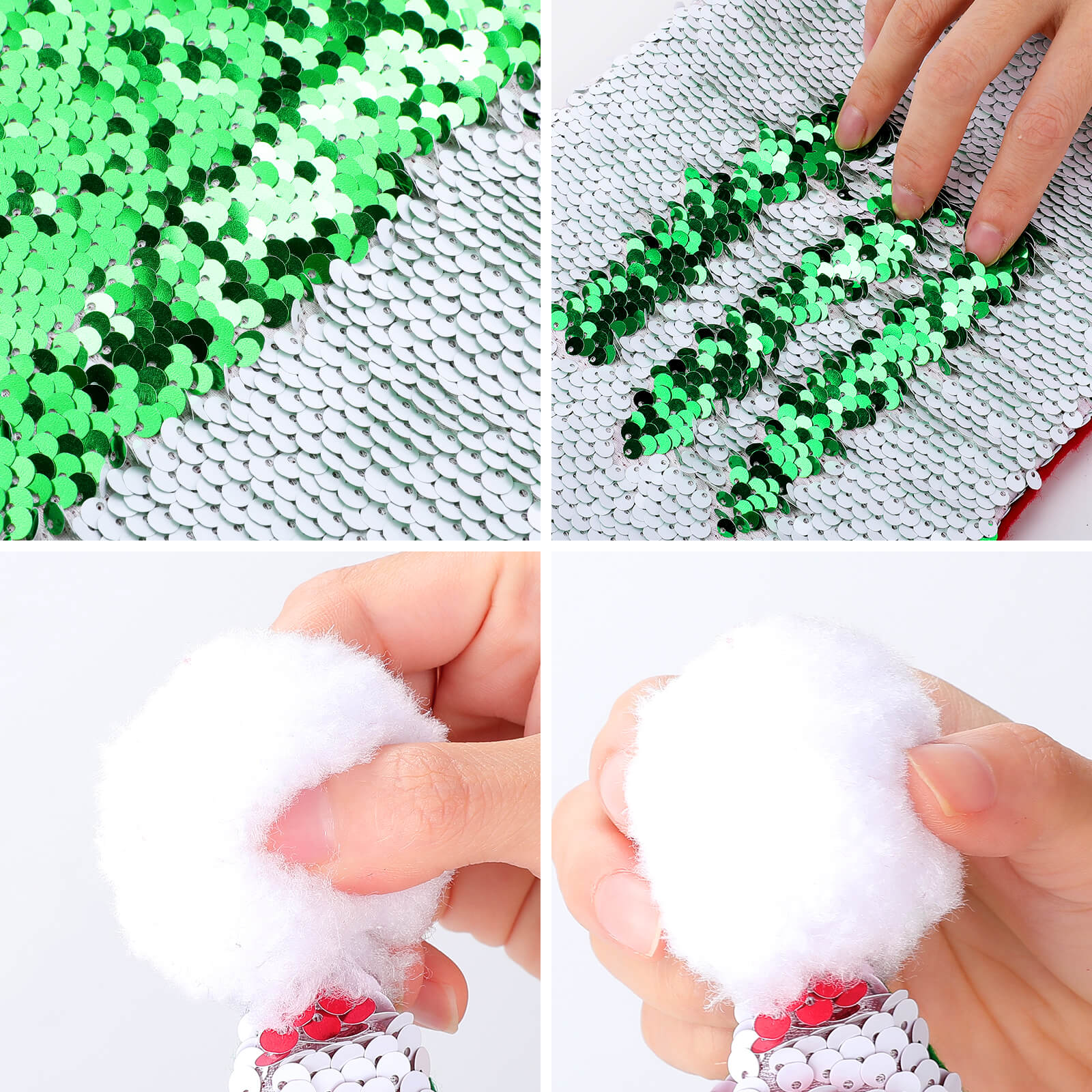 Sequin Christmas Hat: Reversible green/white sequins, soft plush brim, and non-woven fabric, ideal for Christmas parties.