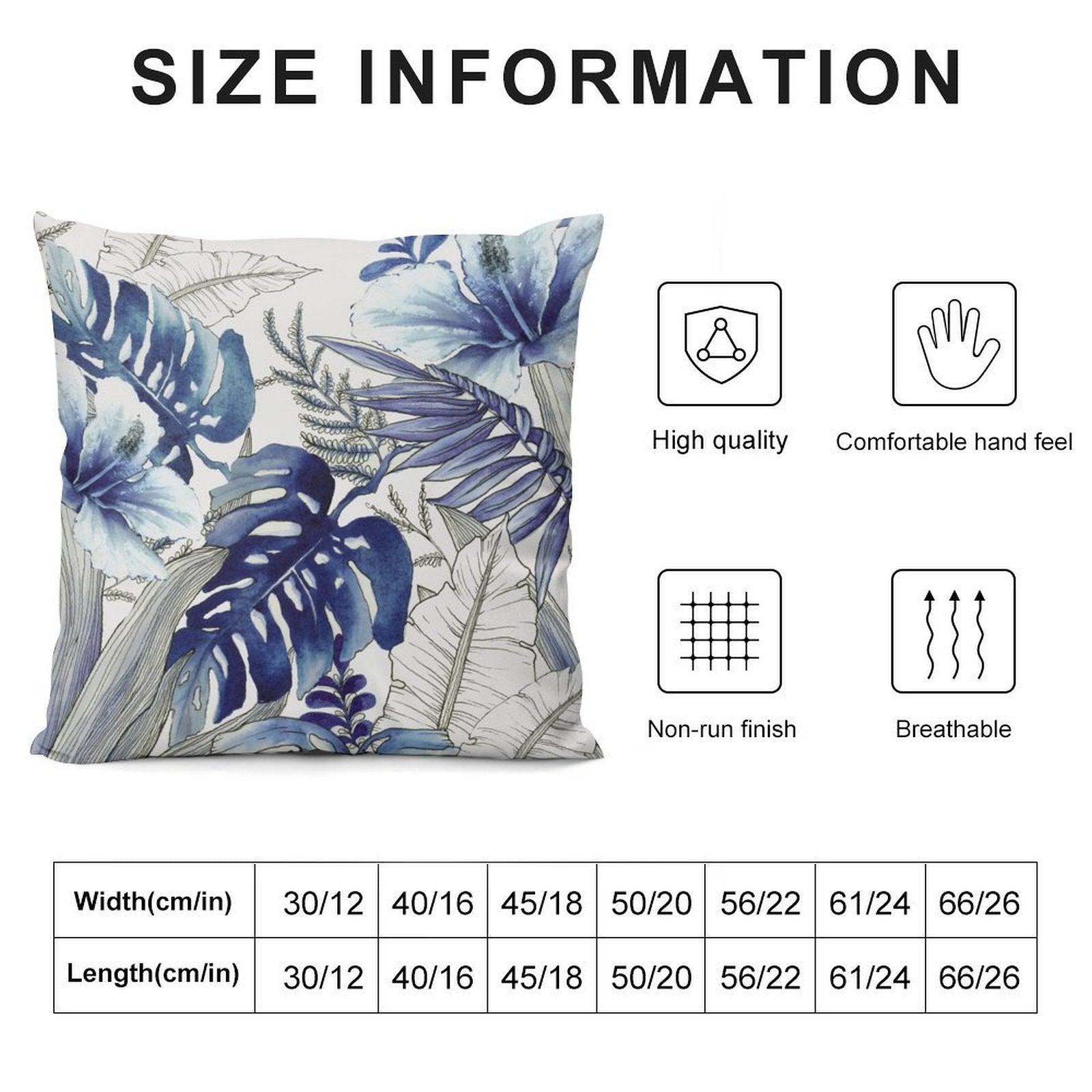 Blue floral throw pillow cover with size information, high quality, comfortable, non-run, breathable, for sofa and couch