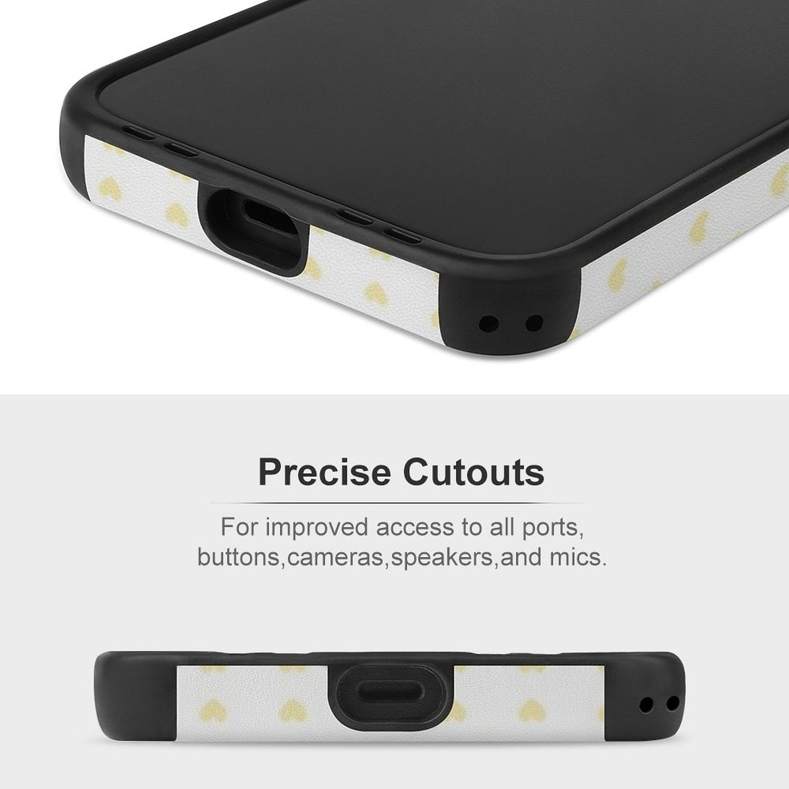 iPhone 12 case with precise cutouts, white fiber leather, yellow heart pattern, anti-scratch cover