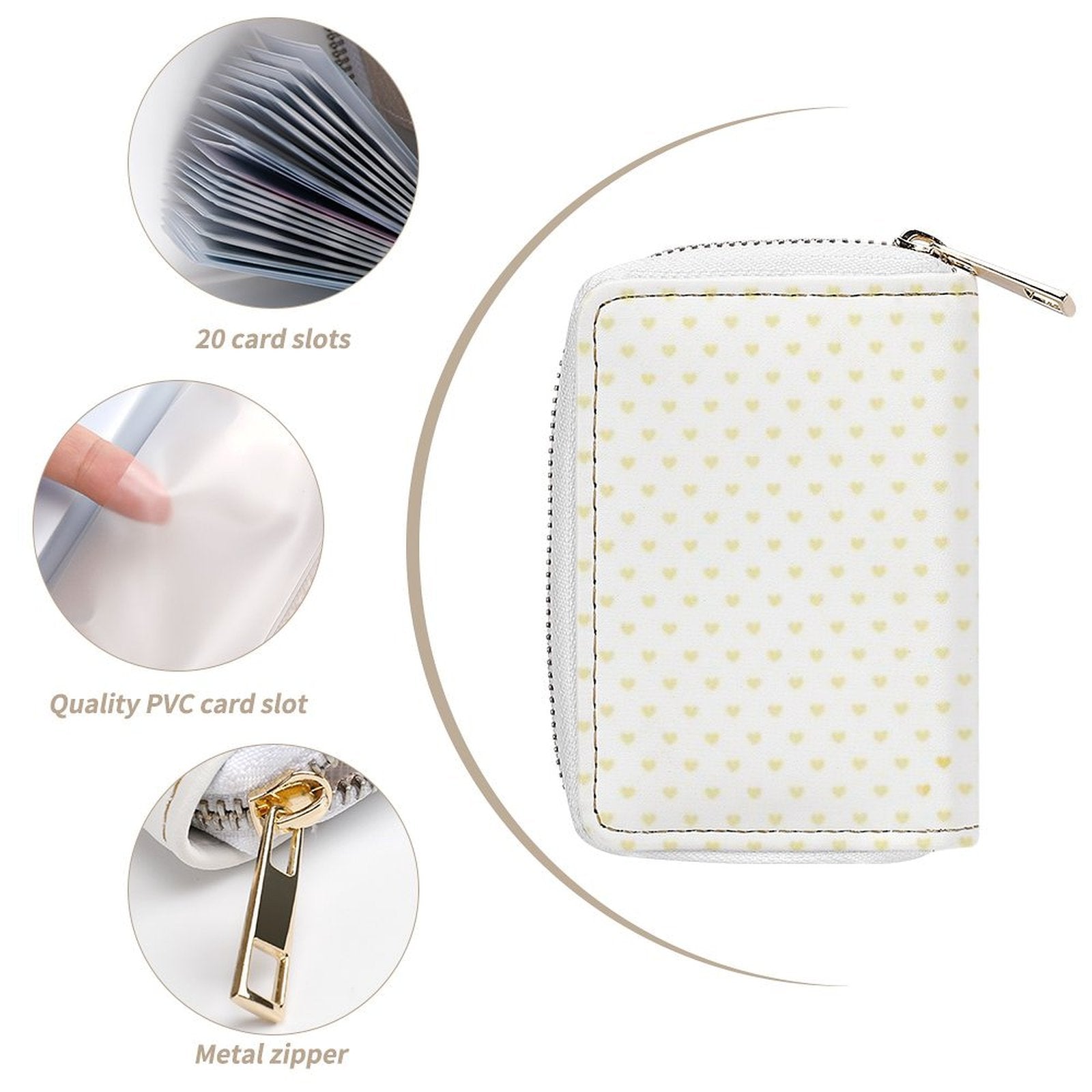 Personalized PU leather card case, white with heart pattern, 20 card slots, minimalist wallet, business card organizer.