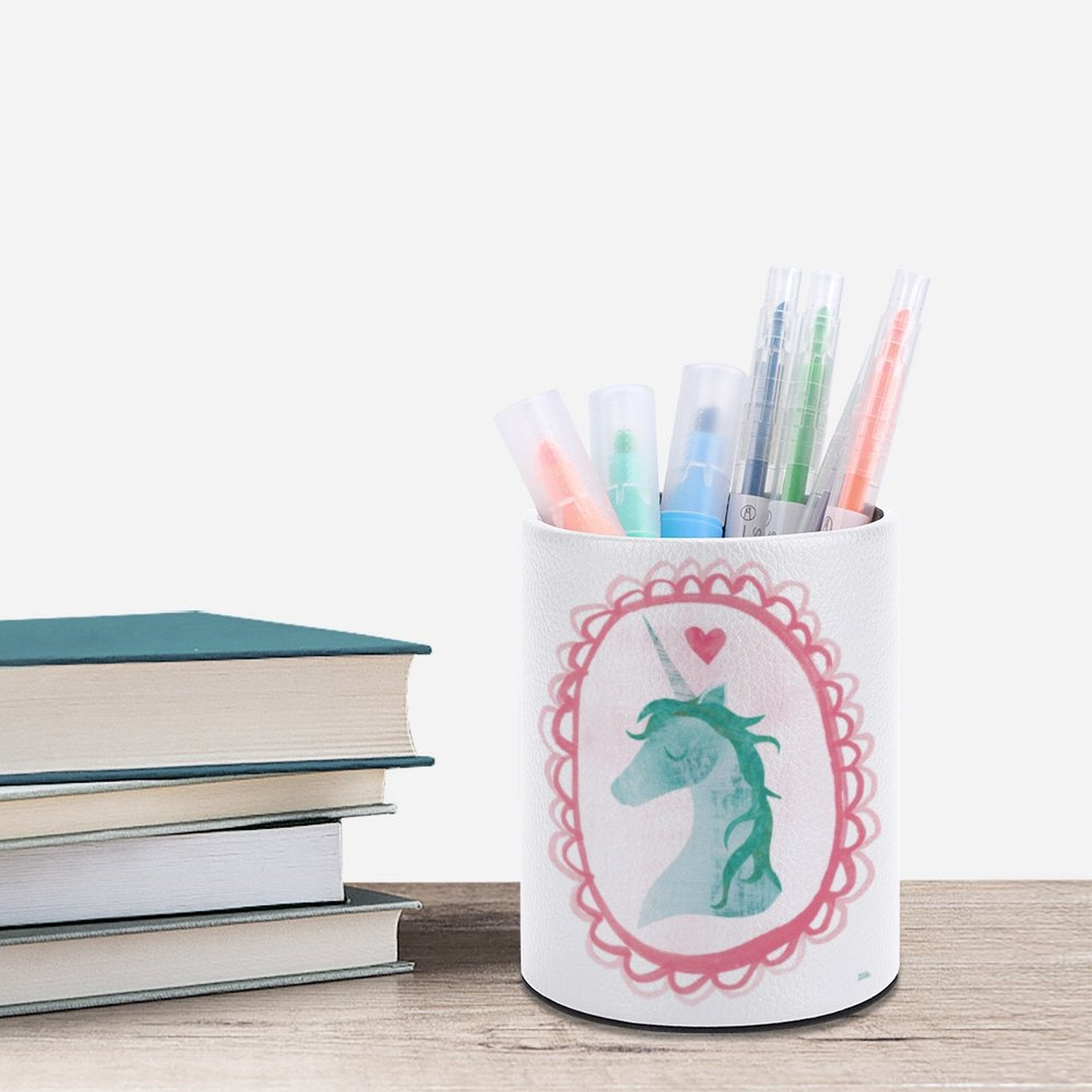 White PU leather unicorn pen/pencil holder with desk supplies for office, school or home