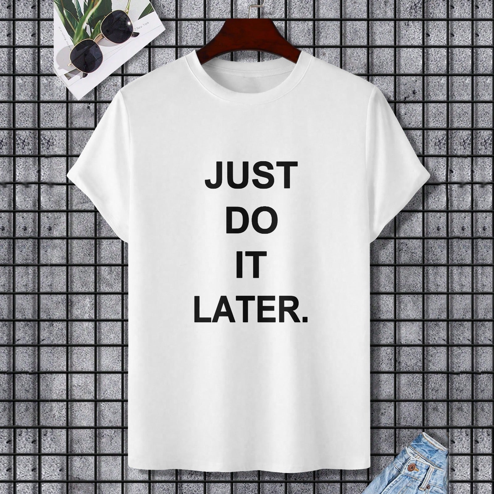 White cotton 'JUST DO IT LATER' unisex t-shirt, Gildan, for fitness and leisure.