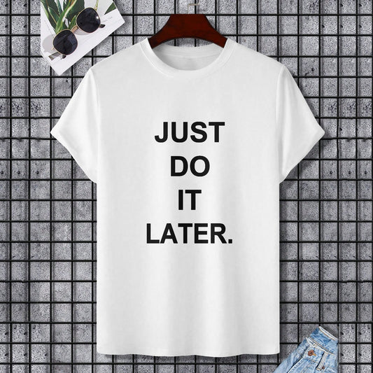 White cotton 'JUST DO IT LATER' unisex t-shirt, Gildan, for fitness and leisure.