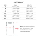 Size chart for custom men's cotton tank top. Includes bust and length measurements for sizes S to 5XL.
