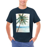 Navy blue men's cotton t-shirt with palm tree beach scene art print for casual wear