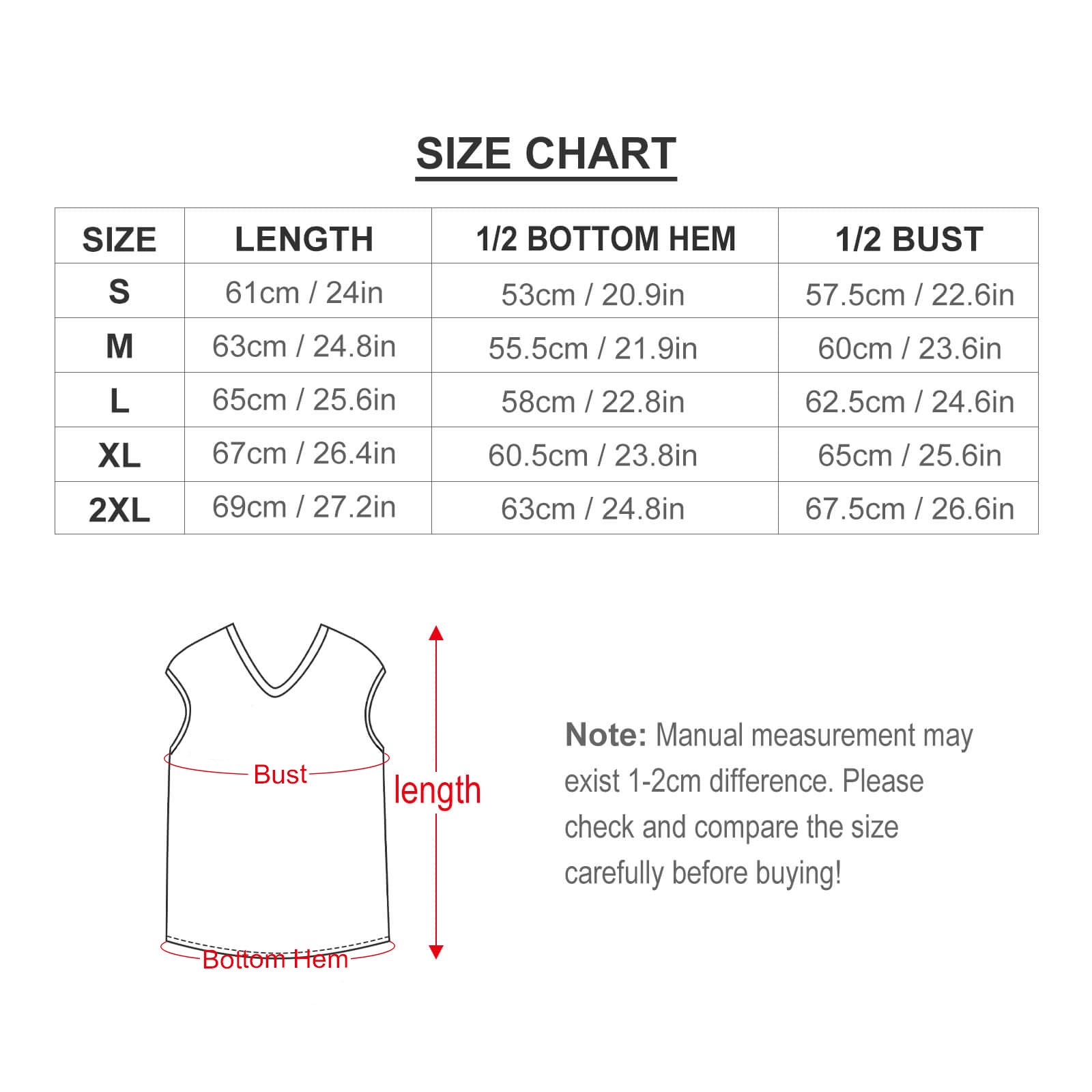 Custom sweater vest size chart with bust, length, and bottom hem measurements in cm/inches, plus care instructions.