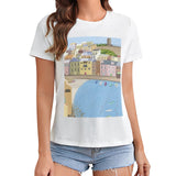 Women's white t-shirt with coastal town graphic print. Comfortable and stylish design for art lovers.