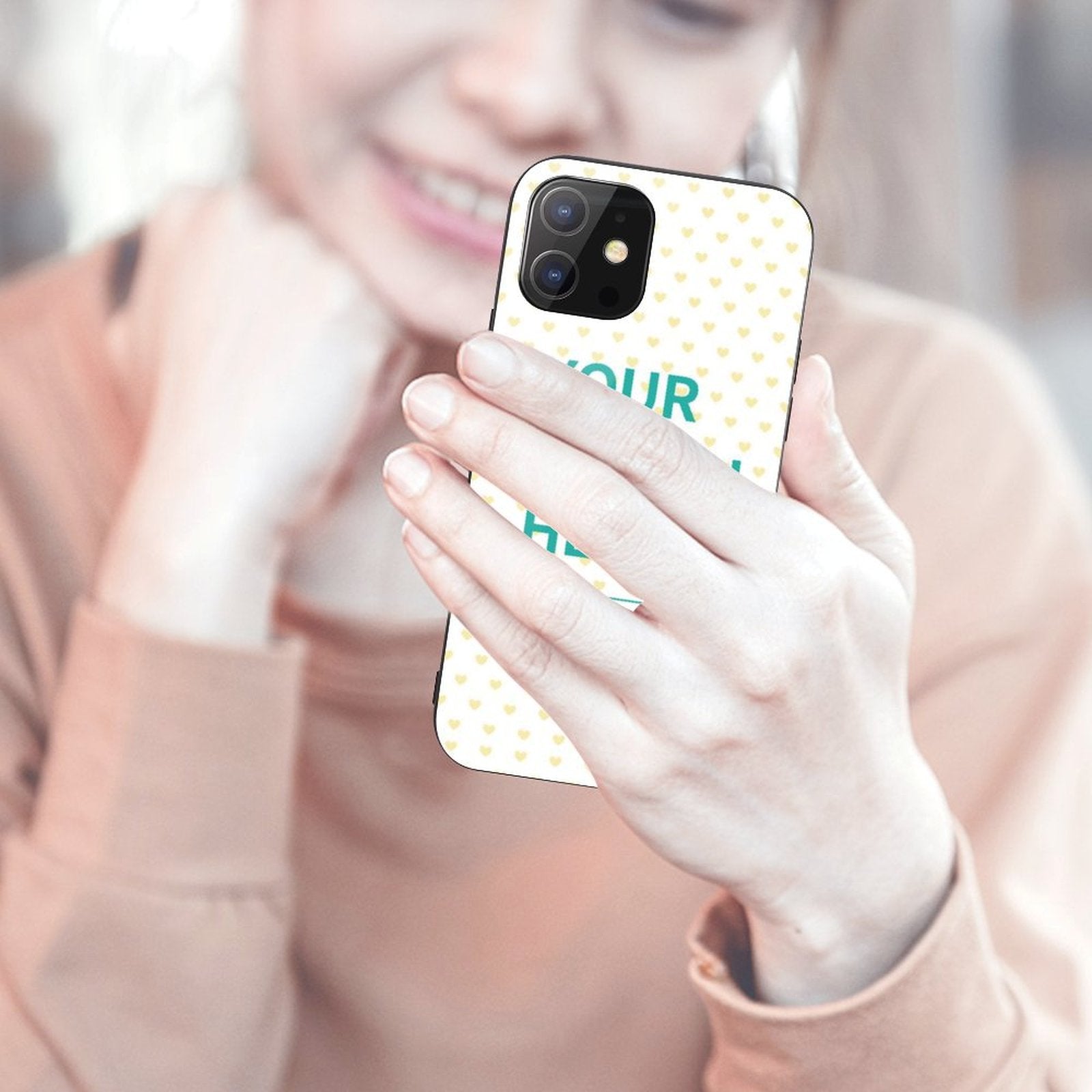 Custom iPhone 12 Pro case with heart pattern and personalized text, glass material. Available on MyArtsyGift.