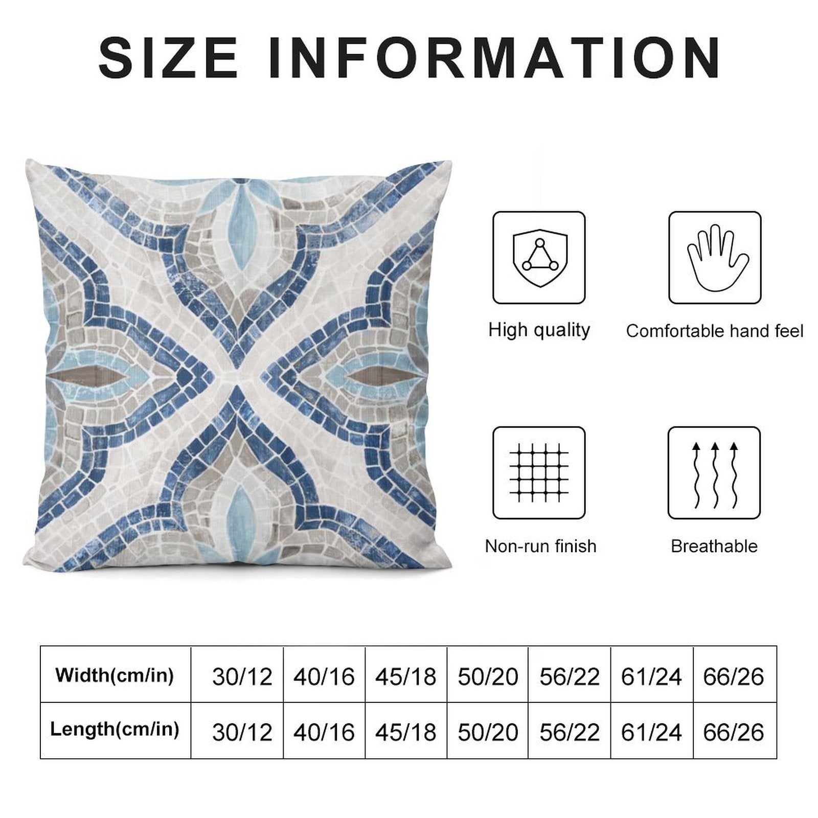Plush throw pillow cover with mosaic design; High quality, comfortable, non-run & breathable. Size info for sofa or couch