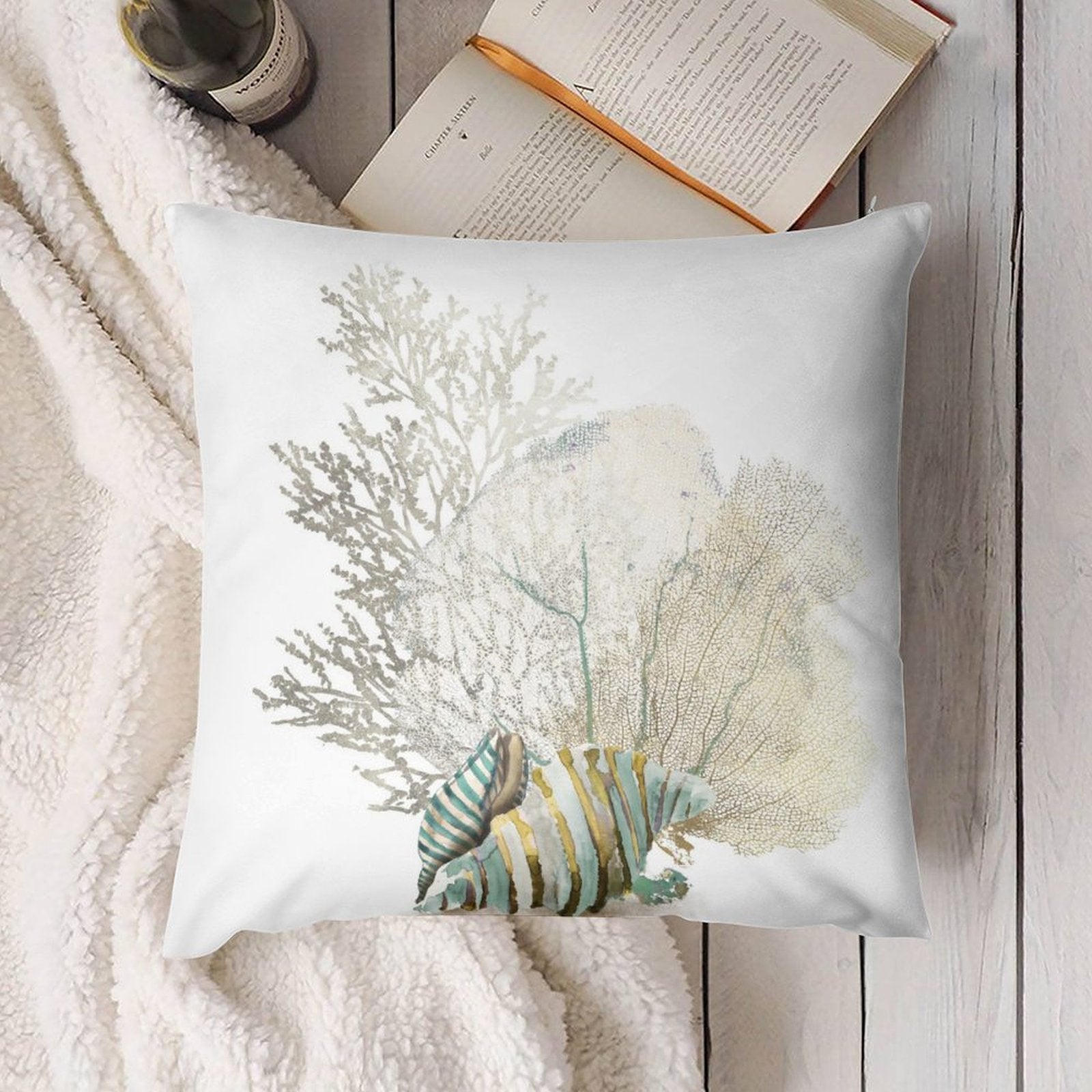 Soft plush throw pillow cover with coral and seashell design, decorative for sofa and living room.