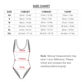 One-piece swimsuit size chart with bust, waist, and hip measurements in cm and inches. Includes XS to 2XL sizes.