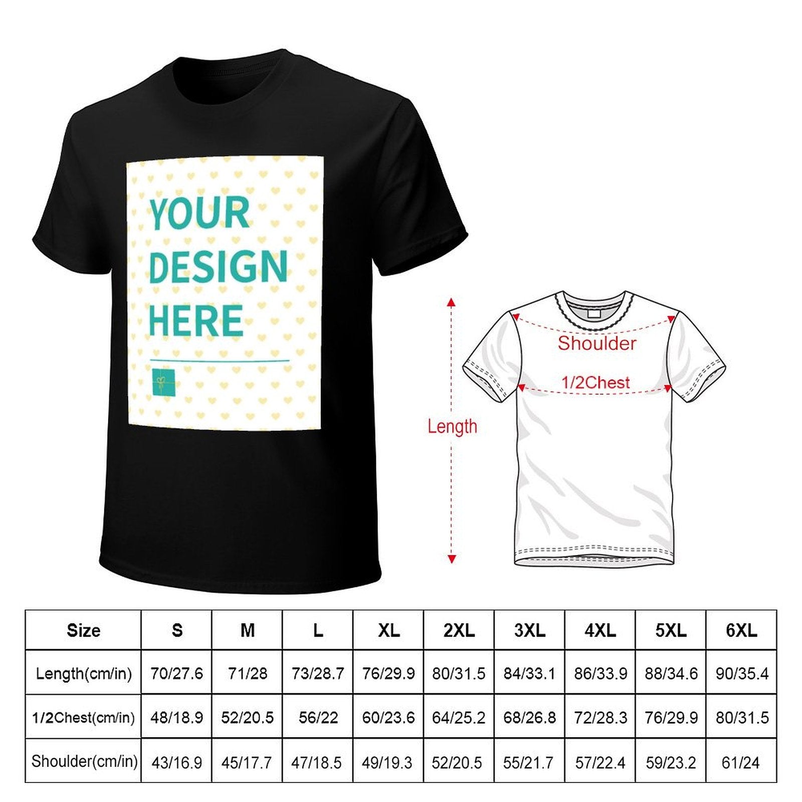 Customizable black crew neck t-shirt for men, showcasing design area and size chart, MyArtsyGift