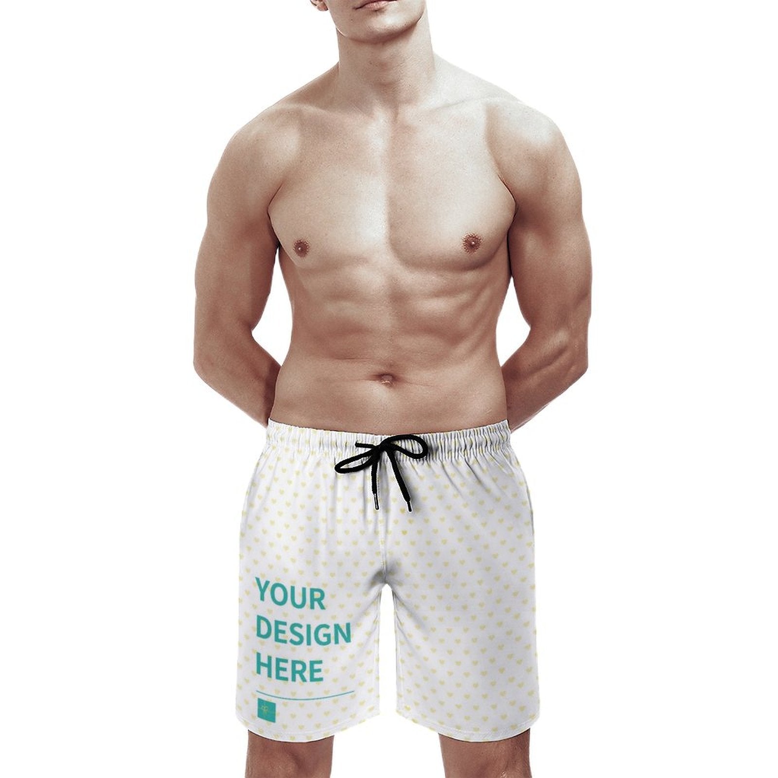 Custom men's swim trunks with heart print and 'YOUR DESIGN HERE' design; quick dry beach shorts with pockets