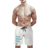 Custom men's swim trunks with heart print and 'YOUR DESIGN HERE' design; quick dry beach shorts with pockets