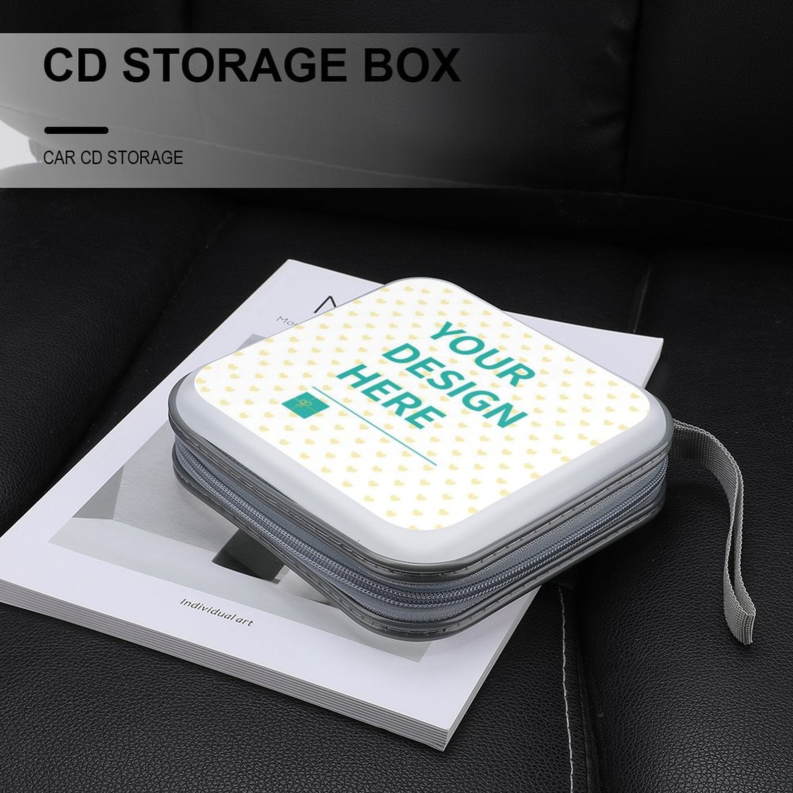 Customizable CD/DVD holder with 'YOUR DESIGN HERE', plastic wallet for car, home, office. CD storage box with zipper.