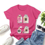 Women's pink Paris Perfum graphic t-shirt, crewneck, short sleeve design