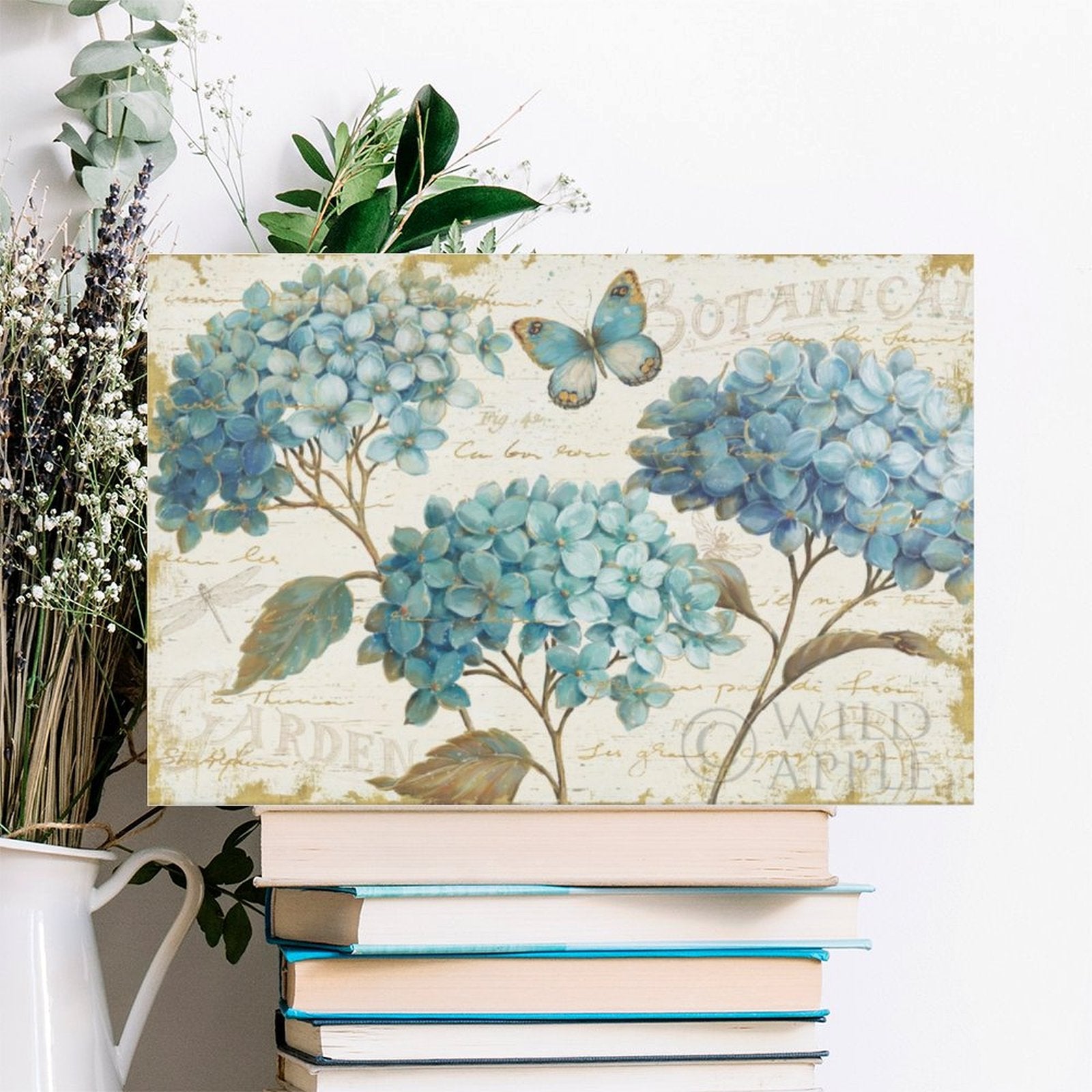 Blue hydrangea canvas print for wall art. Botanical print with butterfly, personalized gift.