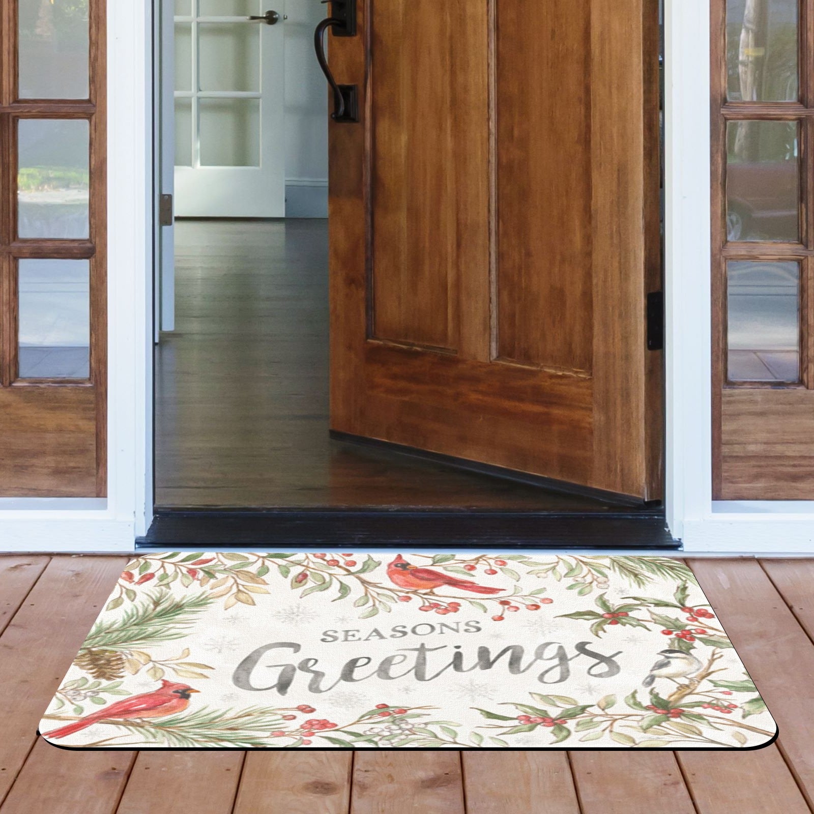 Winter entrance doormat with Seasons Greetings, cardinal birds, and holiday decor