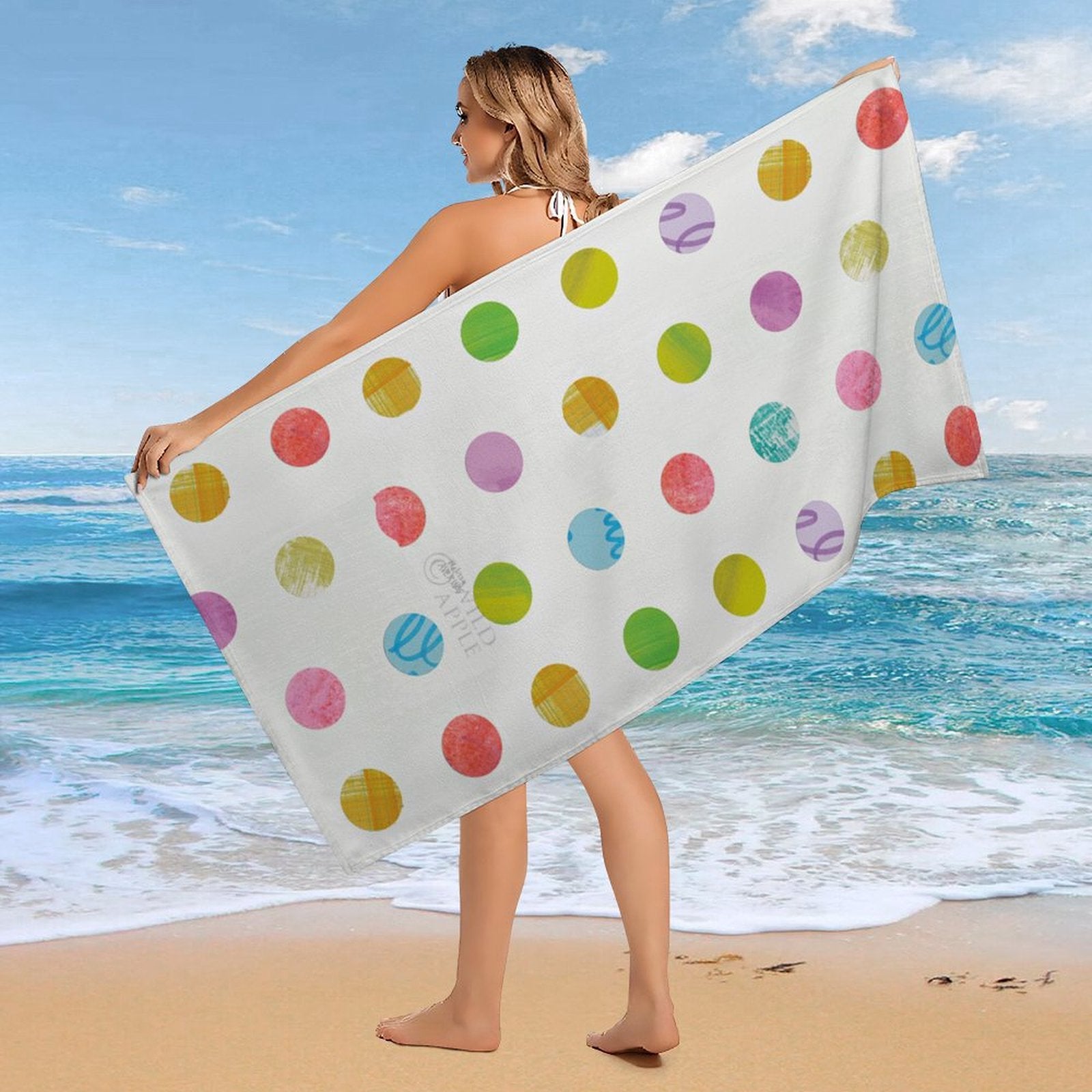 Personalized microfiber beach towel with colorful polka dots, perfect for beach or pool from MyArtsyGift
