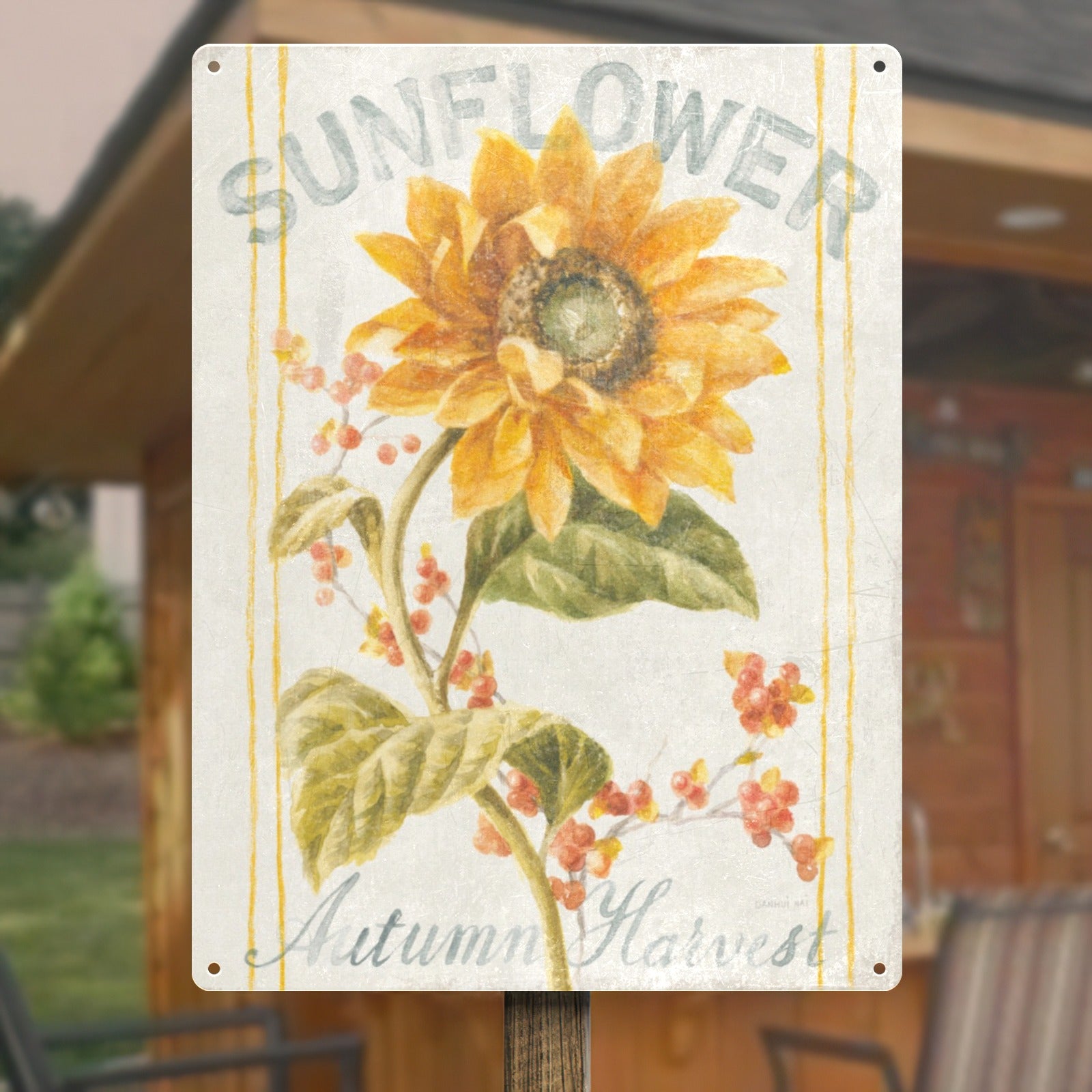 Sunflower Autumn Harvest Metal Sign, made in USA. Yellow sunflower art for home decor and gifting.