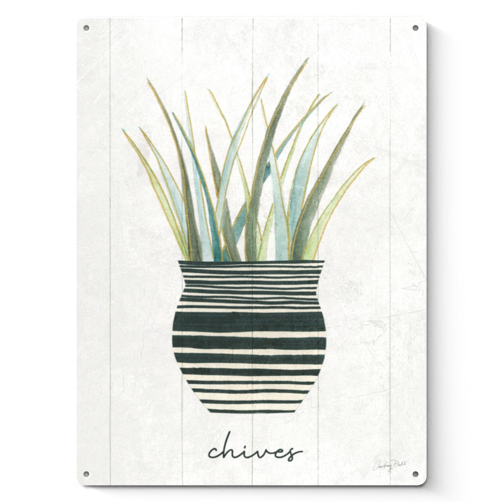 Herb Garden VI Metal Sign featuring chives in striped pot, boho poster print