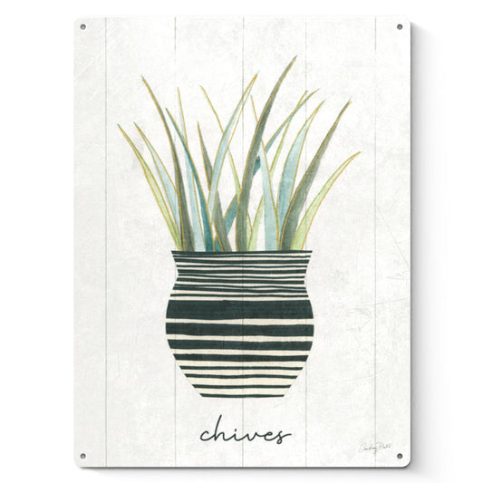 Herb Garden VI Metal Sign featuring chives in striped pot, boho poster print