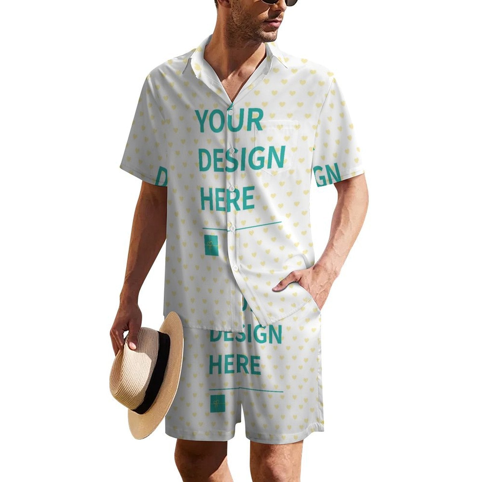 Custom Casual Button Down Shirt Set for Men featuring 'YOUR DESIGN HERE' on white fabric, a perfect gift.
