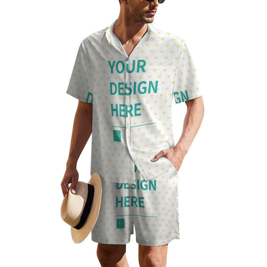 Custom Casual Button Down Shirt Set for Men featuring 'YOUR DESIGN HERE' on white fabric, a perfect gift.