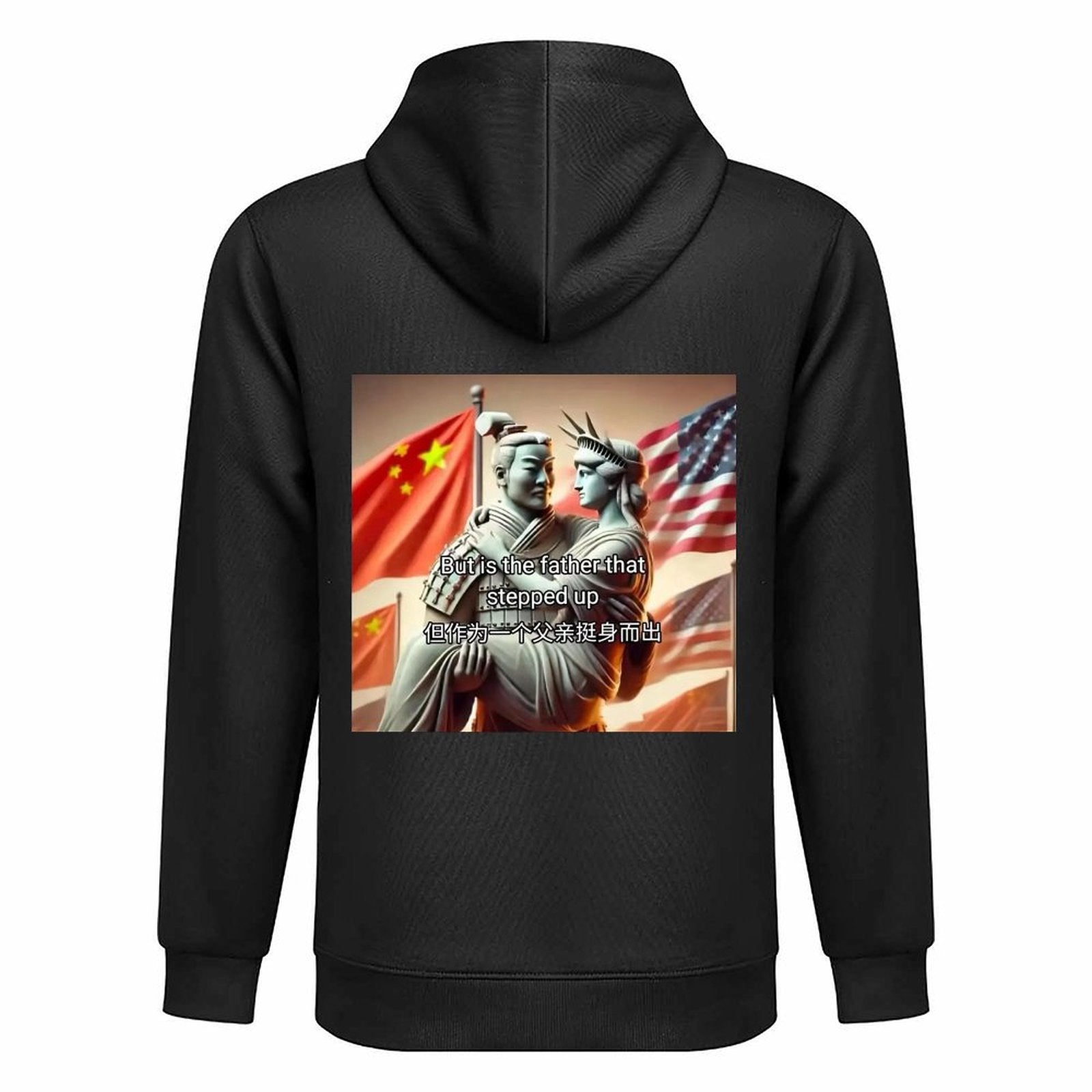 Black hooded sweatshirt with meme design of Statue of Liberty, warrior, and flags with text.