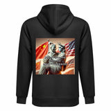 Black hooded sweatshirt with meme design of Statue of Liberty, warrior, and flags with text.