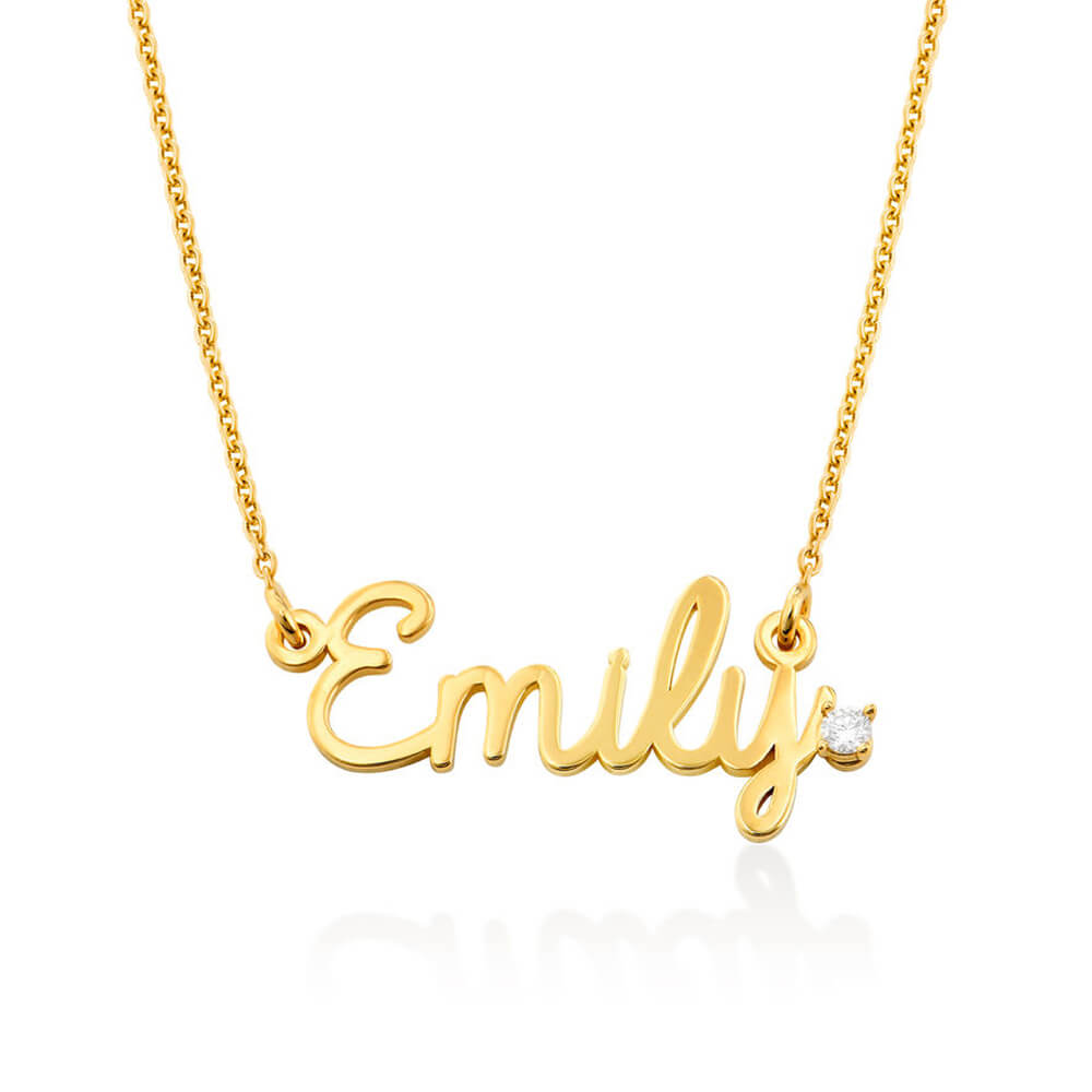 Gold Emily Name Necklace with Diamond - Personalized Cursive Nameplate Jewelry