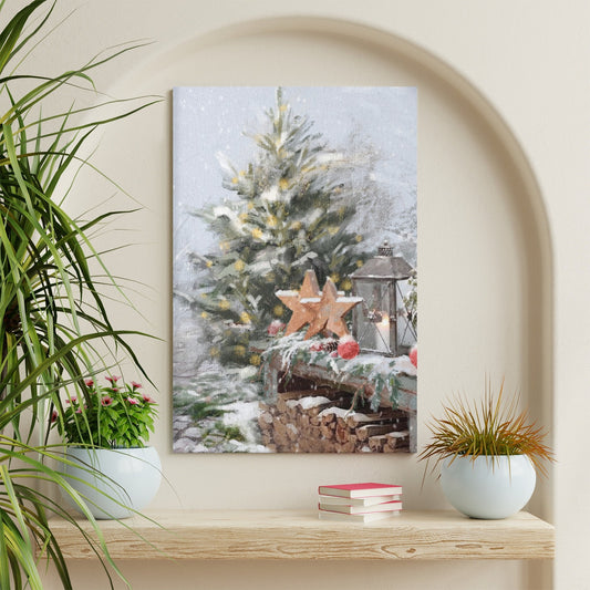 Canvas painting with a Christmas tree scene, lantern, stars and snow decor for living room