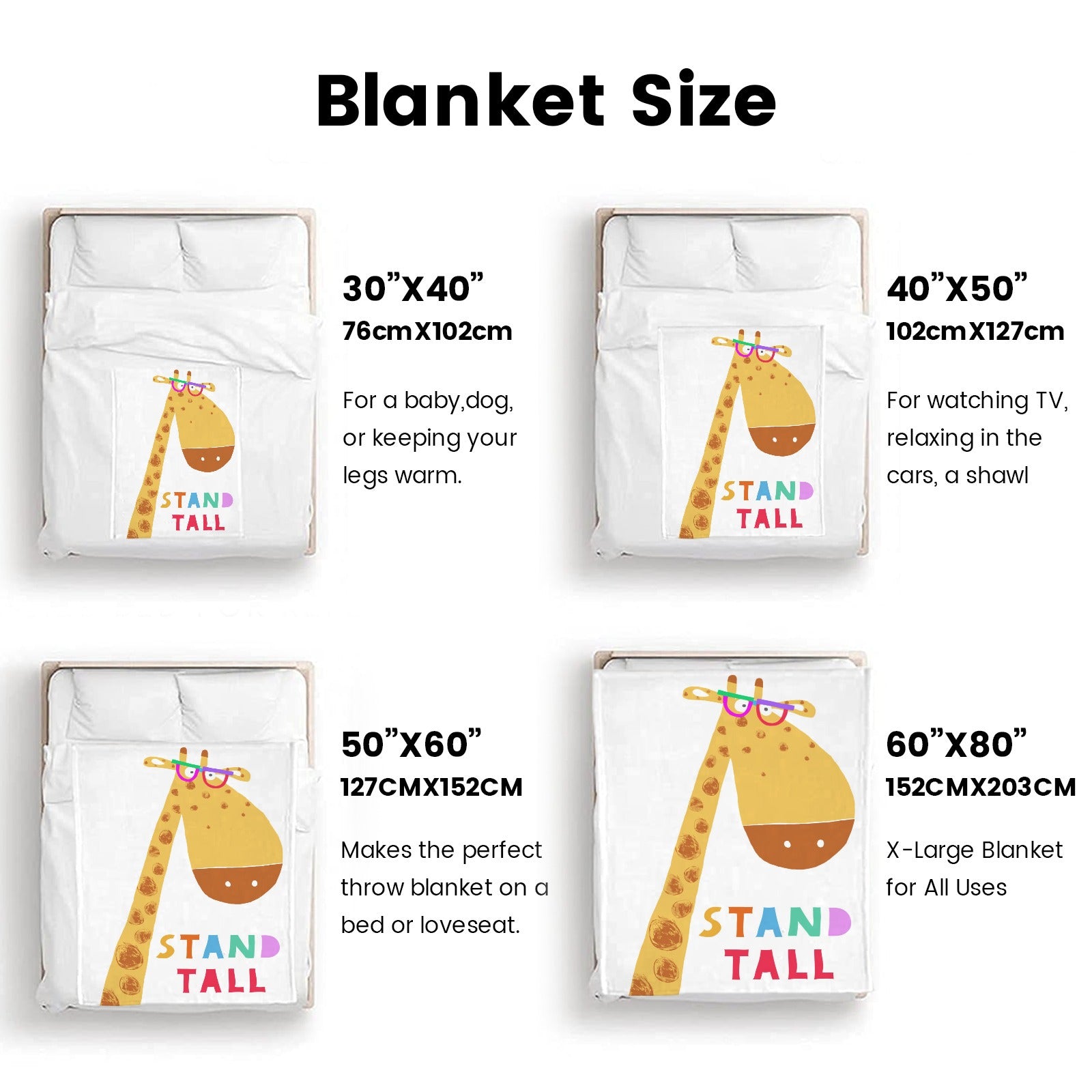 Giraffe throw blanket size options with 'STAND TALL' text. Soft flannel blanket for kids, available in multiple sizes.